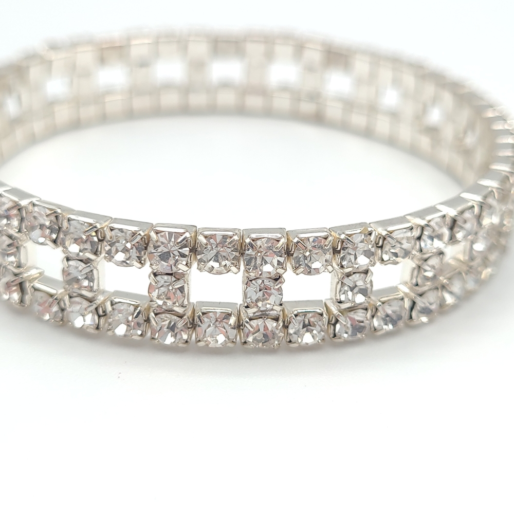 Silver Tone Rhinestone Stretch Bracelet Double Row Tennis Style